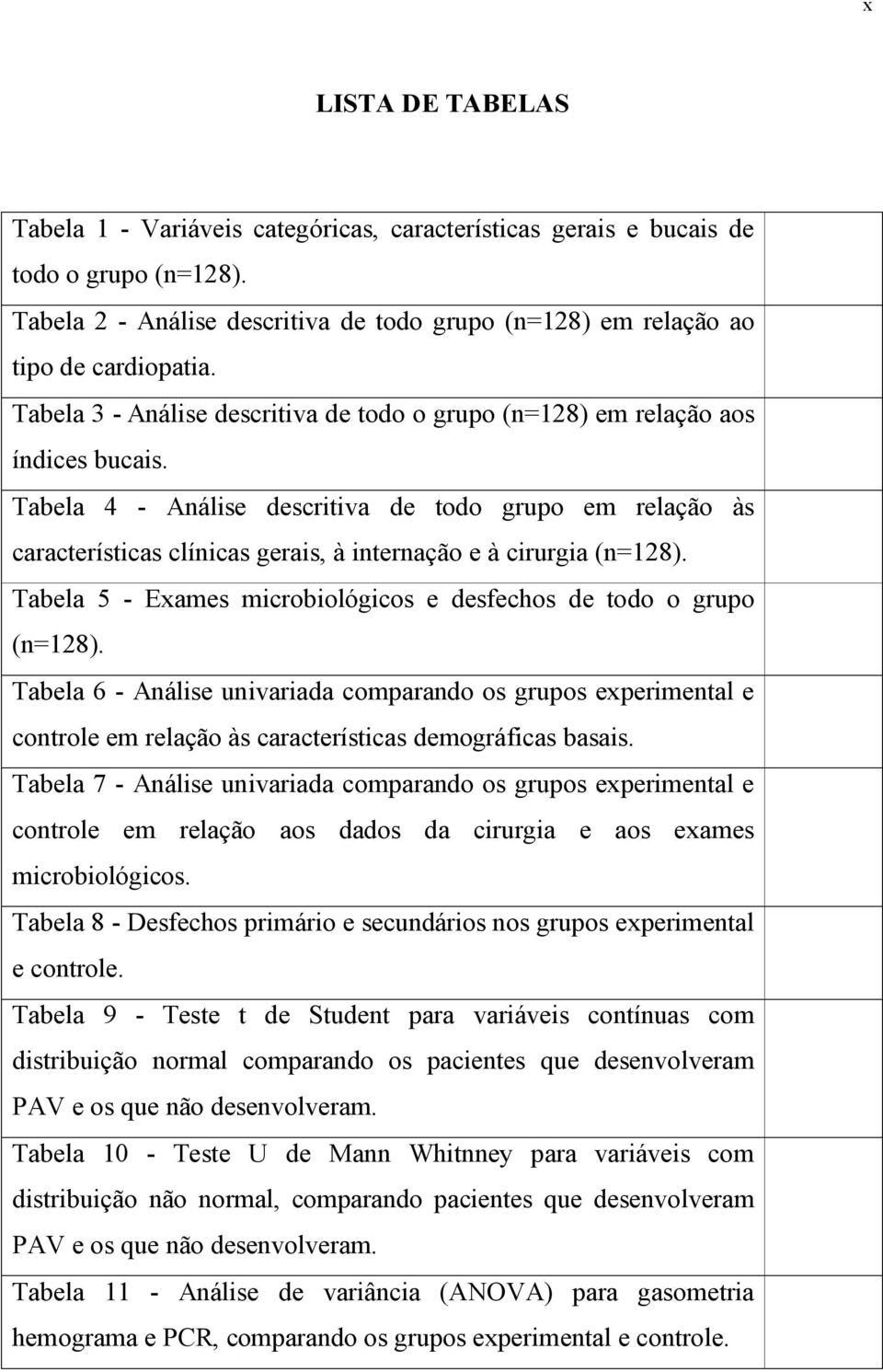 Tabela 4 - Análise descritiva de todo grupo em relação às características clínicas gerais, à internação e à cirurgia (n=128). Tabela 5 - Exames microbiológicos e desfechos de todo o grupo (n=128).