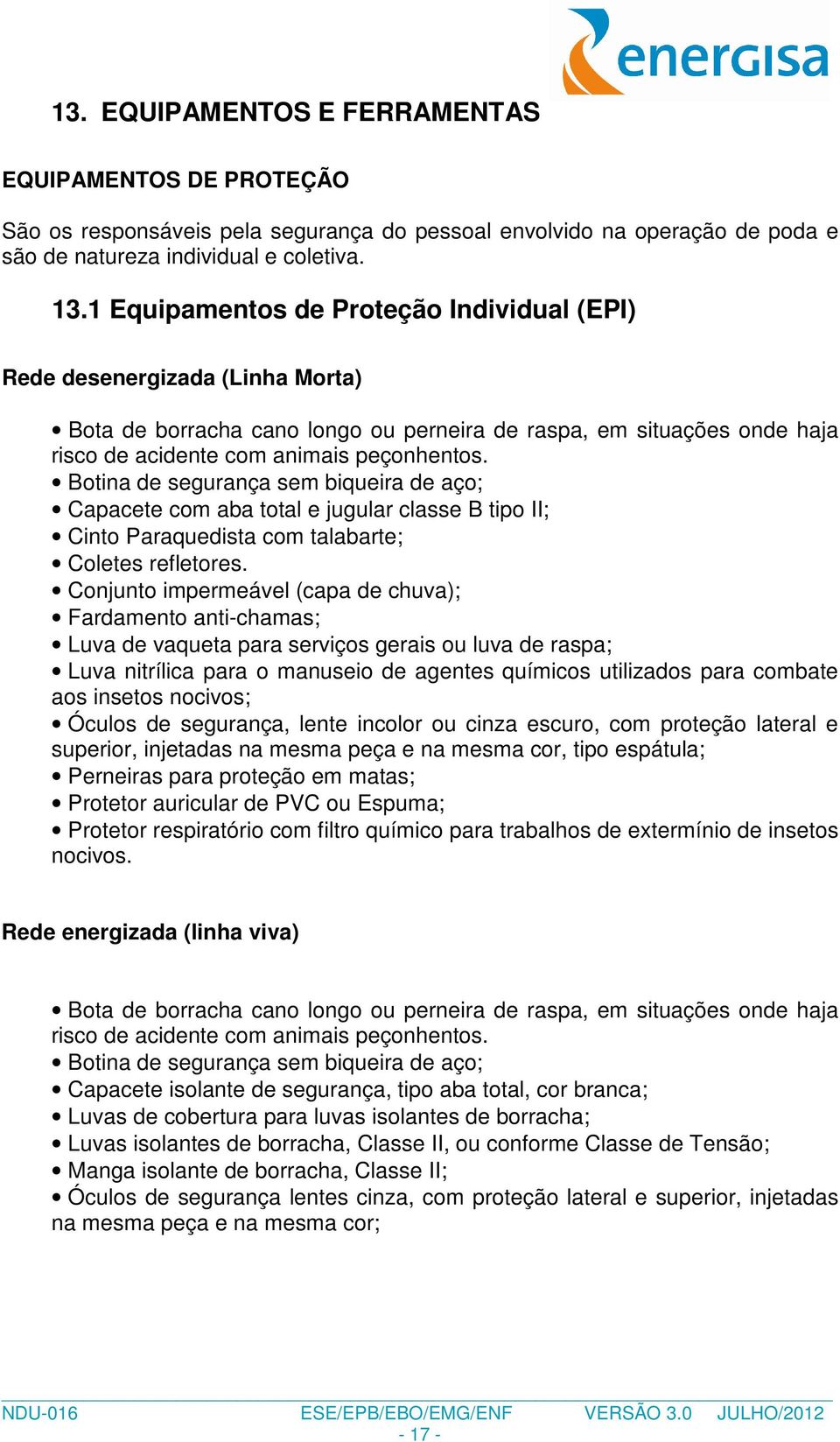 Botina de segurança sem biqueira de aço; Capacete com aba total e jugular classe B tipo II; Cinto Paraquedista com talabarte; Coletes refletores.