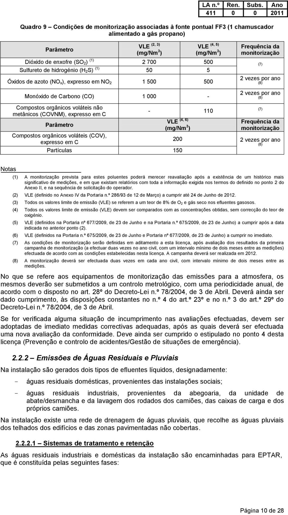 Compostos orgânicos voláteis não metânicos (COVNM), expresso em C Parâmetro - 110 (4, 6) VLE (mg/nm 3 ) (7) Frequência da monitorização Compostos orgânicos voláteis (COV), 200 expresso em C 2 vezes