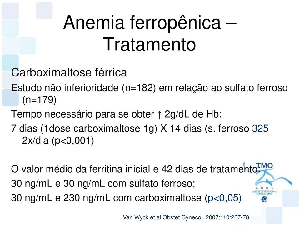ferroso 325mg 2x/dia (p<0,001) O valor médio da ferritina inicial e 42 dias de tratamento: 30 ng/ml e 30 ng/ml