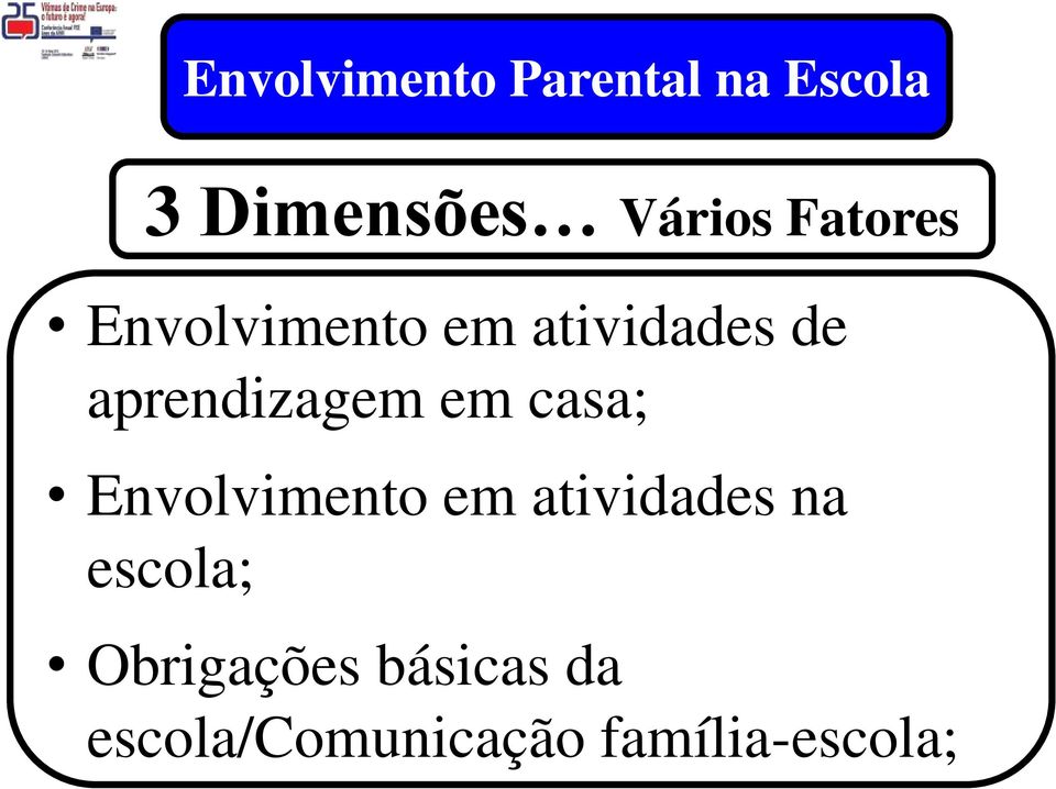 em casa; Envolvimento em atividades na escola;