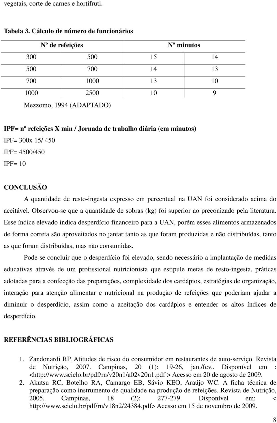 (em minutos) IPF= 300x 15/ 450 IPF= 4500/450 IPF= 10 CONCLUSÃO A quantidade de resto-ingesta expresso em percentual na UAN foi considerado acima do aceitável.