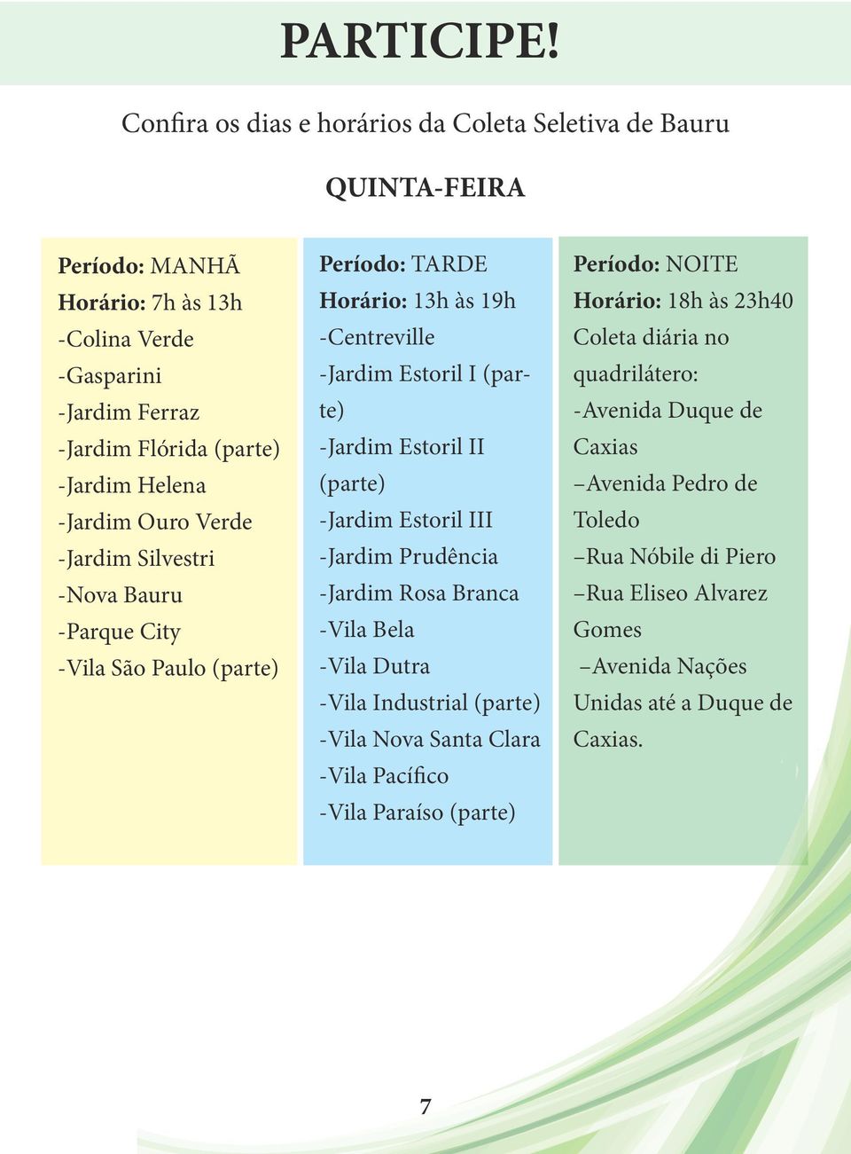 Ouro Verde -Jardim Silvestri -Nova Bauru -Parque City -Vila São Paulo (parte) Período: TARDE Horário: 13h às 19h -Centreville -Jardim Estoril I (parte) -Jardim Estoril II (parte) -Jardim