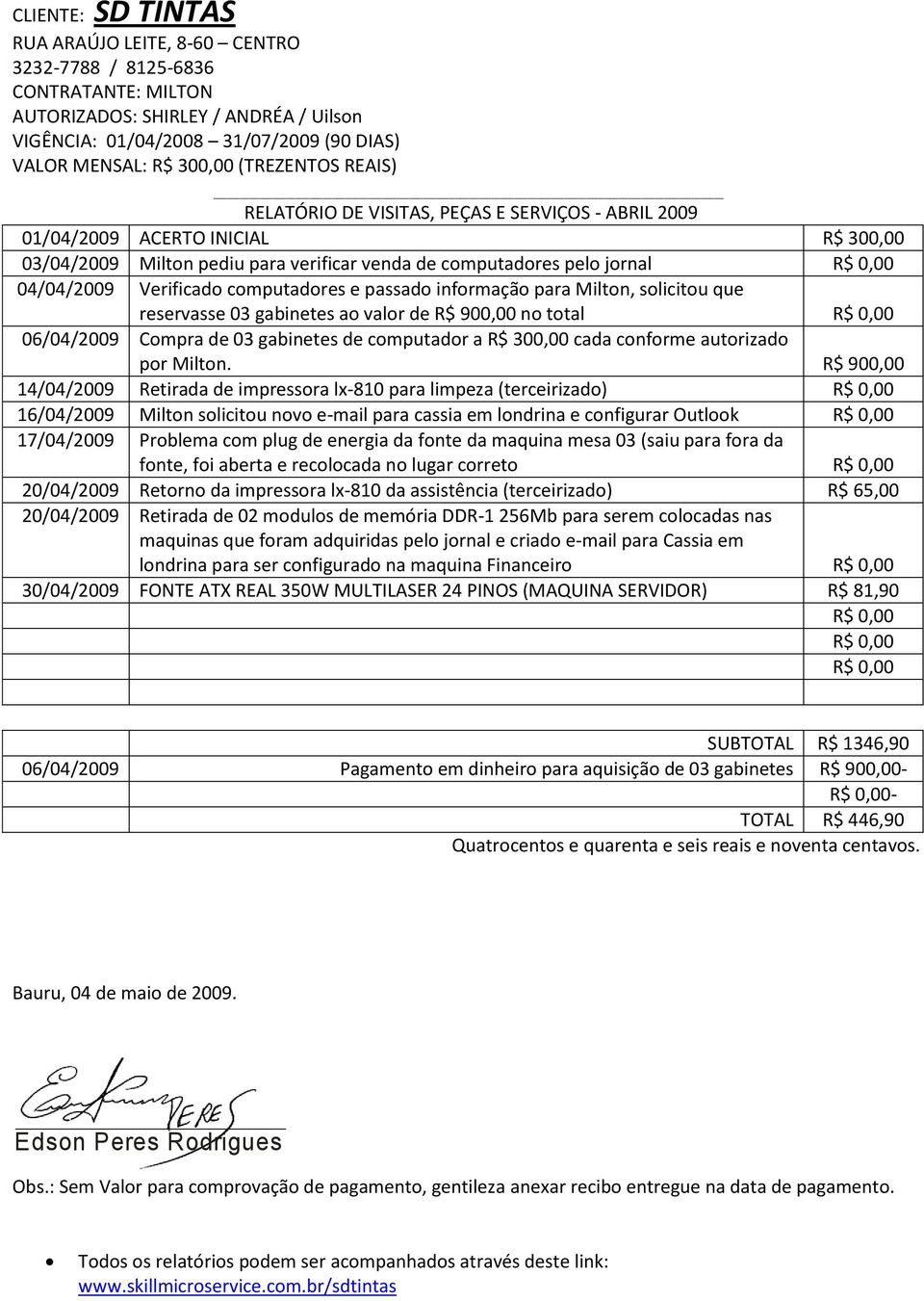 de 03 gabinetes de computador a R$ 300,00 cada conforme autorizado por Milton.