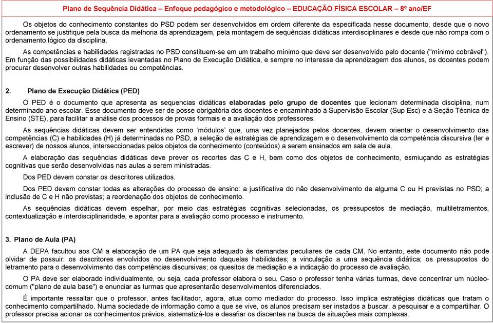 lógico da disciplina. As competências e habilidades registradas no PSD constituem-se em um trabalho mínimo que deve ser desenvolvido pelo docente ("mínimo cobrável").