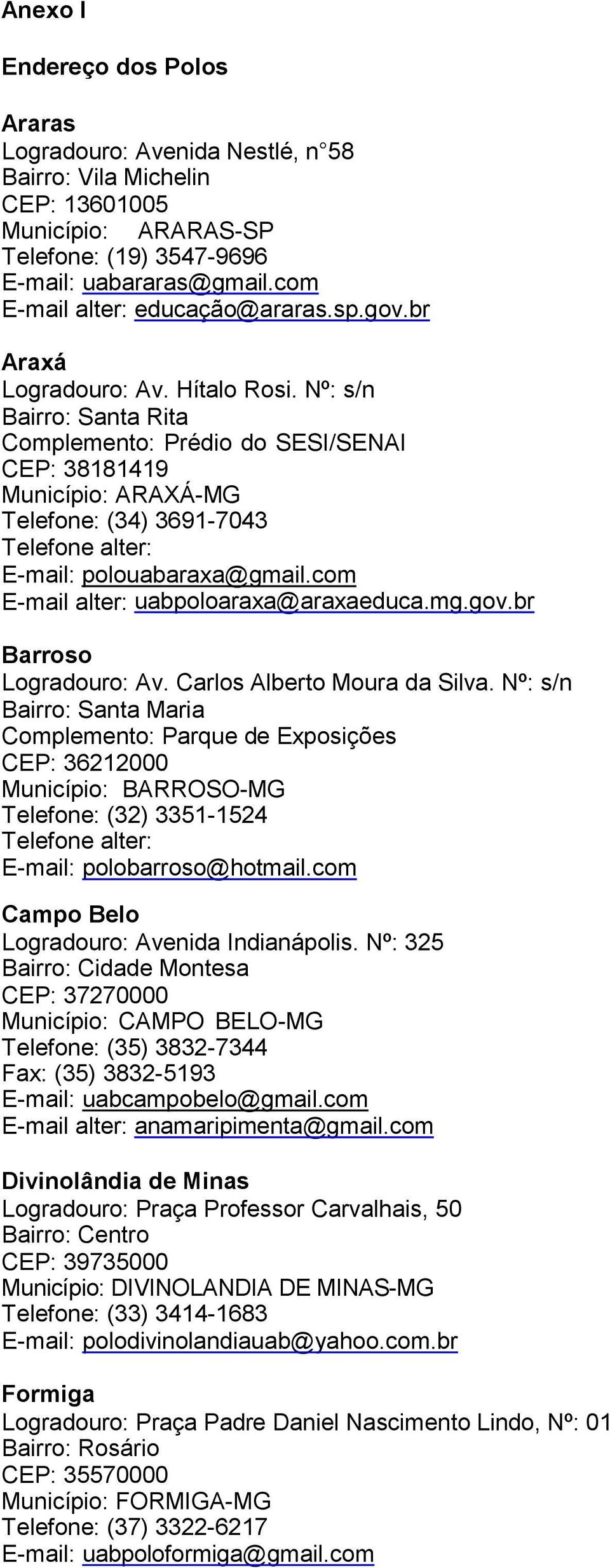 Nº: s/n Bairro: Santa Rita Complemento: Prédio do SESI/SENAI CEP: 38181419 Município: ARAXÁ-MG Telefone: (34) 3691-7043 Telefone alter: E-mail: polouabaraxa@gmail.