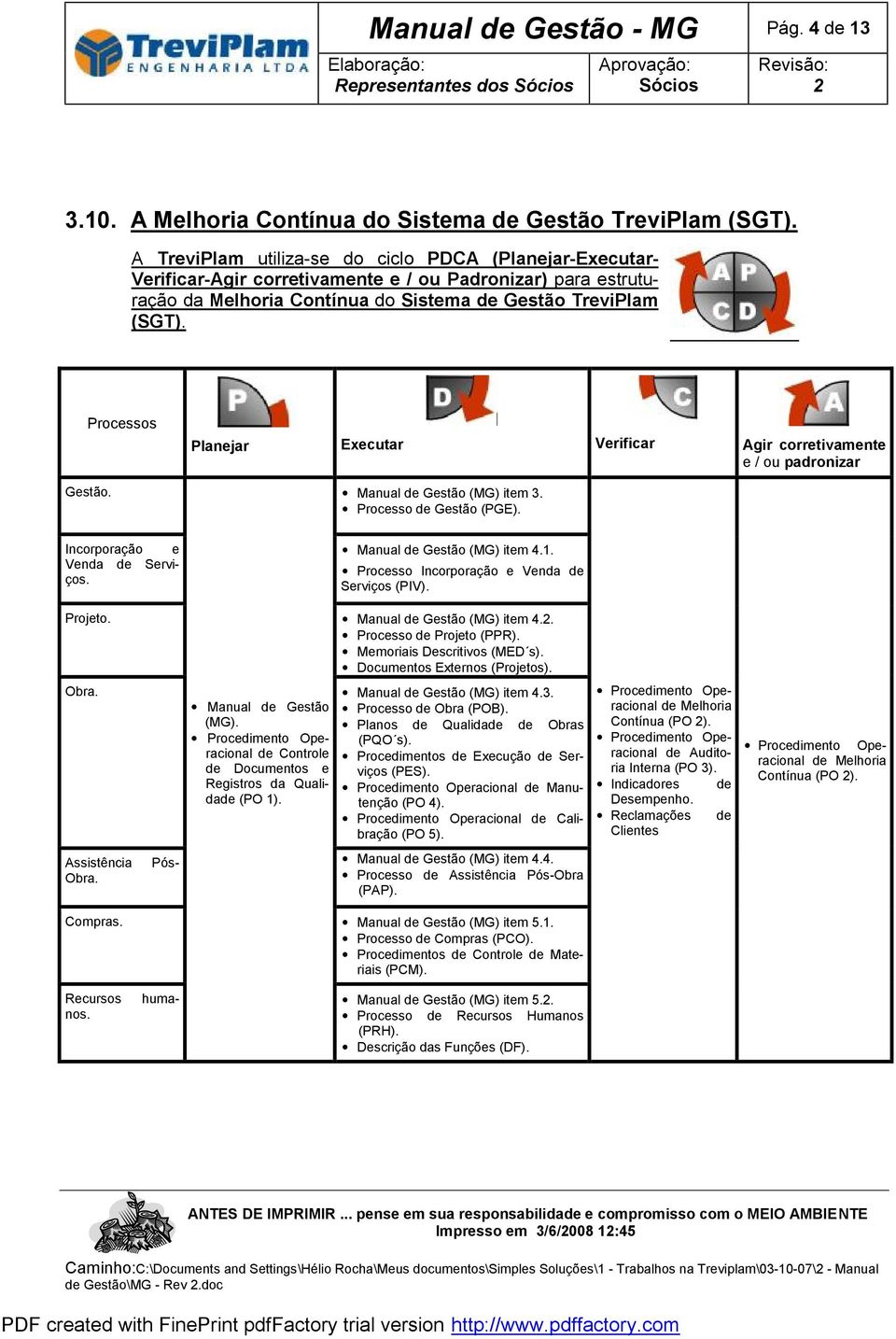 Processos Planejar Executar Verificar Agir corretivamente e / ou padronizar Gestão. Manual de Gestão (MG) item 3. Processo de Gestão (PGE). Incorporação e Venda de Serviços.