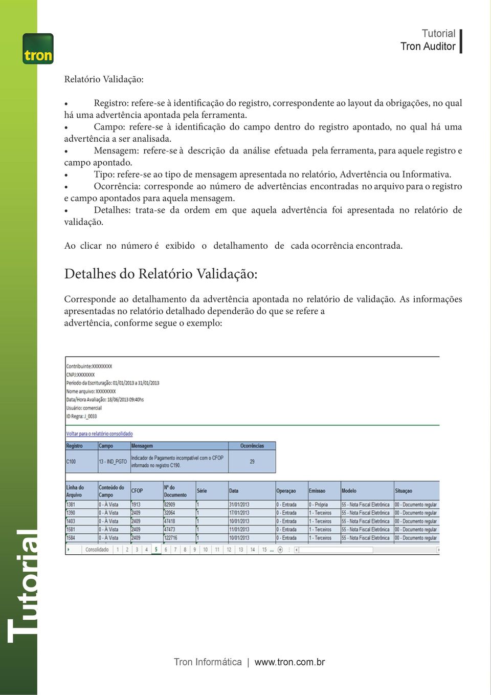 Mensagem: refere-se à descrição da análise efetuada pela ferramenta, para aquele registro e campo apontado. Tipo: refere-se ao tipo de mensagem apresentada no relatório, Advertência ou Informativa.