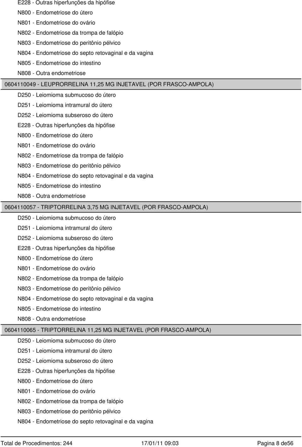 - Leiomioma intramural do útero D252 - Leiomioma subseroso do útero  do septo retovaginal e da vagina N805 - Endometriose do intestino N808 - Outra endometriose 0604110057 - TRIPTORRELINA 3,75 MG