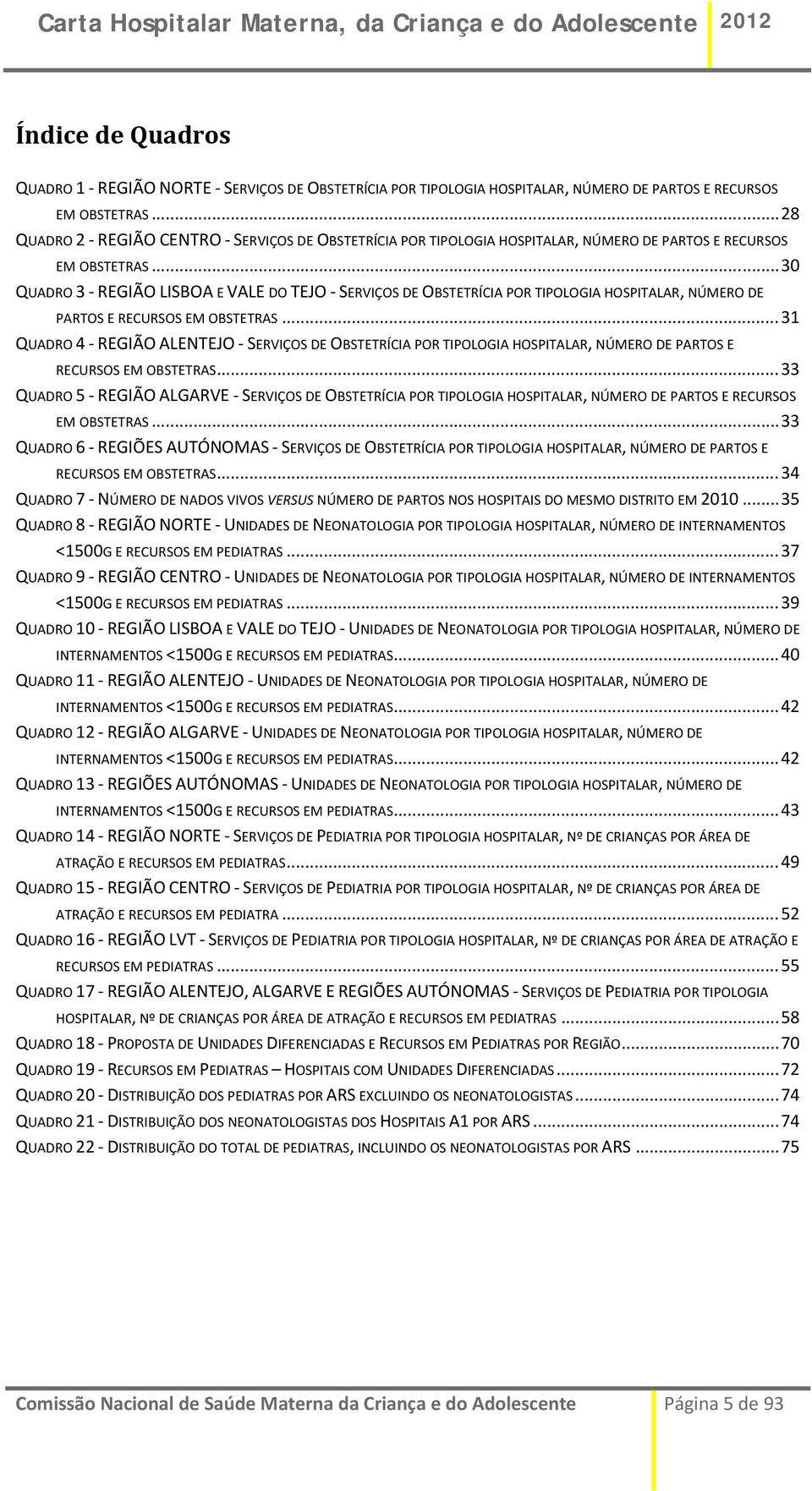 .. 30 QUADRO 3 REGIÃO LISBOA E VALE DO TEJO SERVIÇOS DE OBSTETRÍCIA POR TIPOLOGIA HOSPITALAR, NÚMERO DE PARTOS E RECURSOS EM OBSTETRAS.