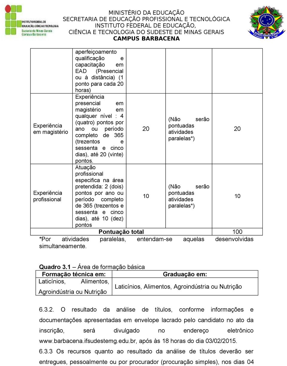 Atuação profissional especifica na área pretendida: 2 (dois) pontos por ano ou período completo de 365 (trezentos e sessenta e cinco dias), até 10 (dez) pontos 20 10 (Não serão pontuadas atividades