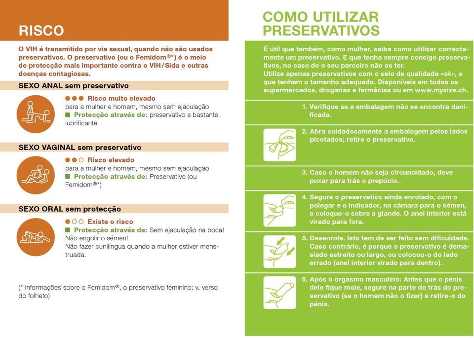 mesmo sem ejaculação Protecção através de: Preservativo (ou Femidom *) SEXO ORAL sem protecção Existe o risco Protecção através de: Sem ejaculação na boca! Não engolir o sémen!