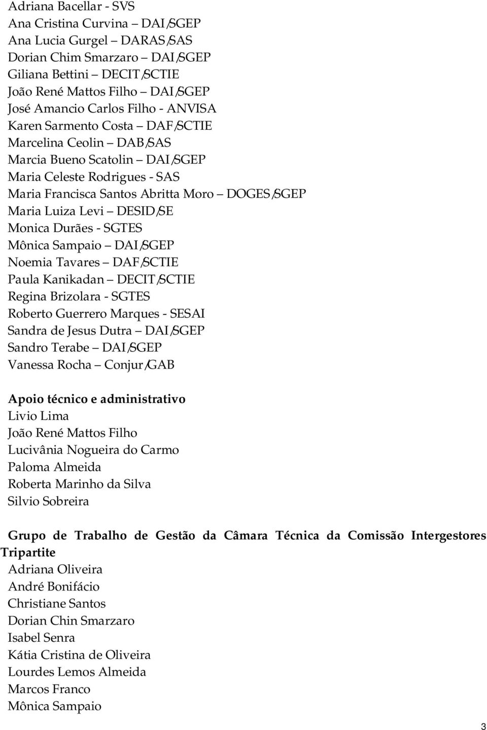 Durães - SGTES Mônica Sampaio DAI/SGEP Noemia Tavares DAF/SCTIE Paula Kanikadan DECIT/SCTIE Regina Brizolara - SGTES Roberto Guerrero Marques - SESAI Sandra de Jesus Dutra DAI/SGEP Sandro Terabe