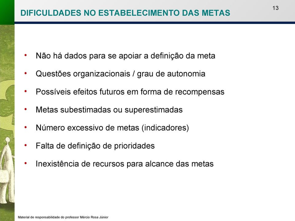 forma de recompensas Metas subestimadas ou superestimadas Número excessivo de metas