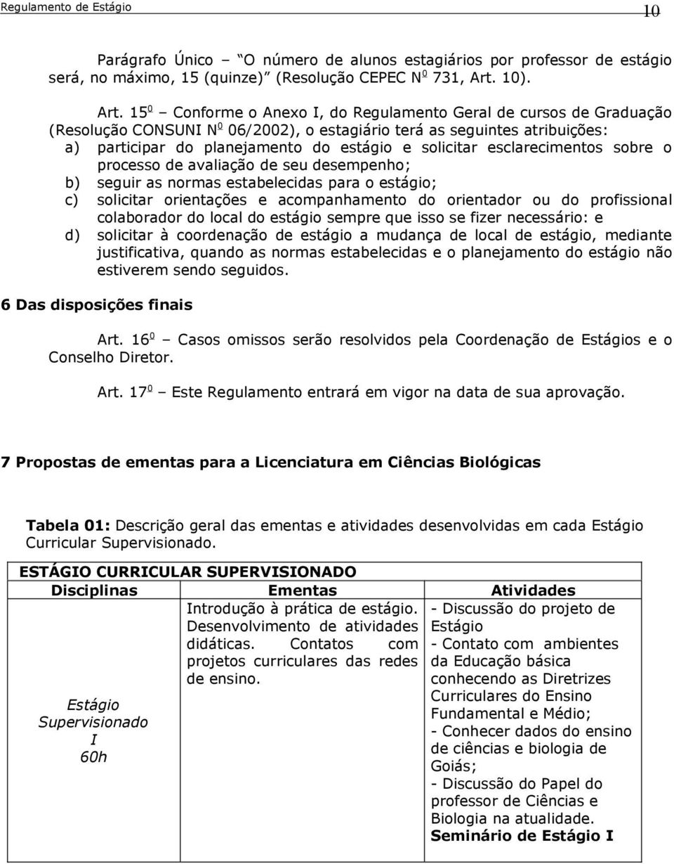 15 0 Conforme o Anexo I, do Regulamento Geral de cursos de Graduação (Resolução CONSUNI N 0 06/2002), o estagiário terá as seguintes atribuições: a) participar do planejamento do estágio e solicitar