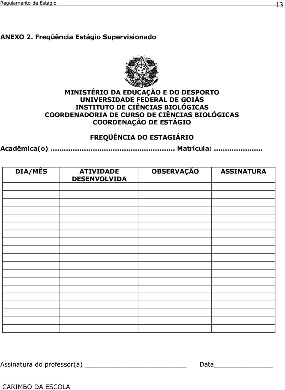 DE GOIÁS INSTITUTO DE CIÊNCIAS BIOLÓGICAS COORDENADORIA DE CURSO DE CIÊNCIAS BIOLÓGICAS