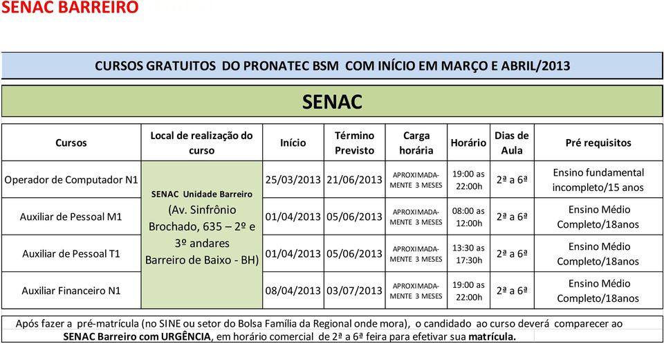 Sinfrônio Brochado, 635 2º e 3º andares Barreiro de Baixo - BH) 25/03/2013 21/06/2013 01/04/2013 05/06/2013 01/04/2013 05/06/2013 19:00 as 22:00h 08:00 as