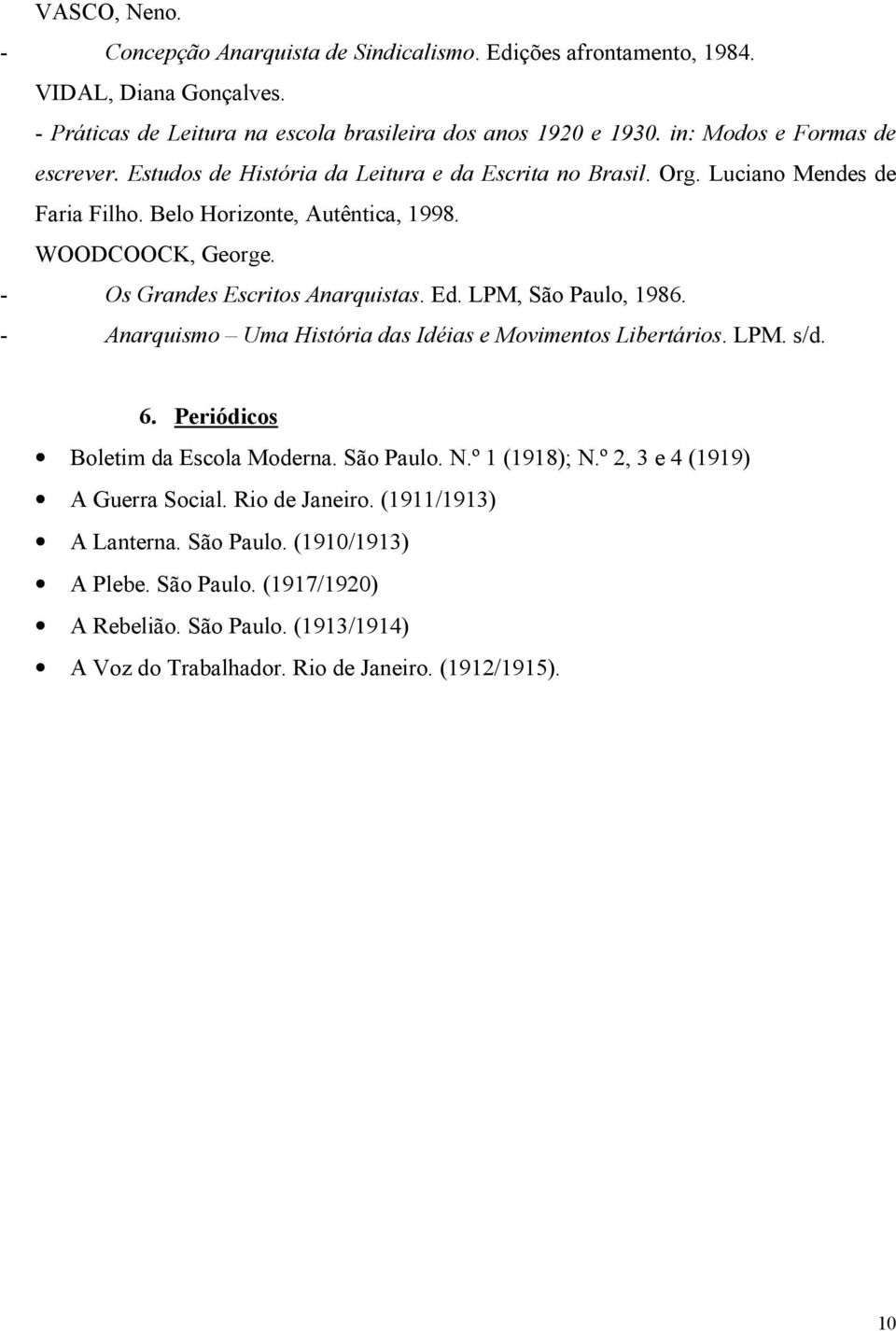 - Os Grandes Escritos Anarquistas. Ed. LPM, São Paulo, 1986. - Anarquismo Uma História das Idéias e Movimentos Libertários. LPM. s/d. 6. Periódicos Boletim da Escola Moderna. São Paulo. N.