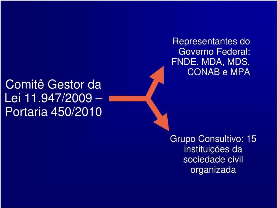 Governo Federal: FNDE, MDA, MDS, CONAB e MPA
