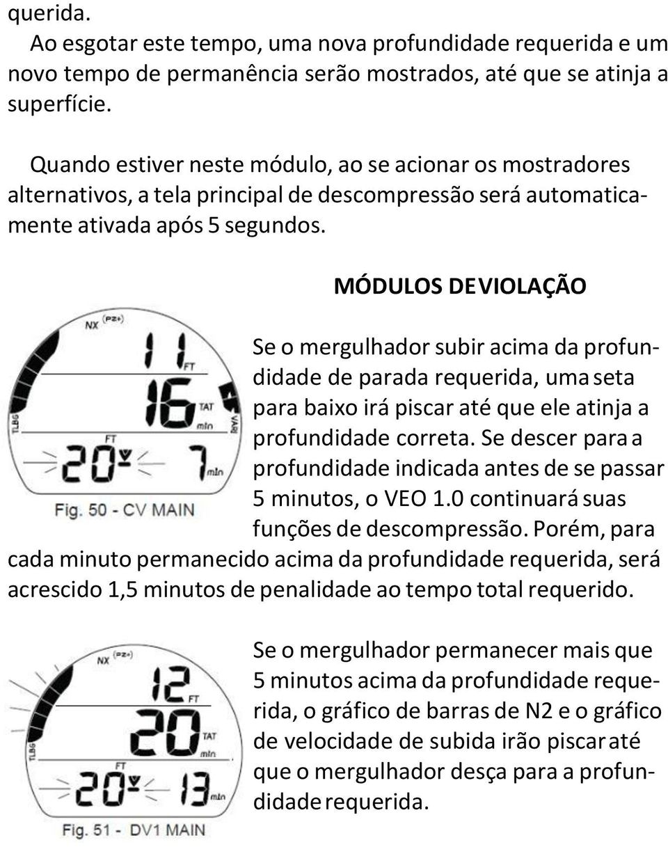 MÓDULOS DE VIOLAÇÃO Se o mergulhador subir acima da profundidade de parada requerida, uma seta para baixo irá piscar até que ele atinja a profundidade correta.