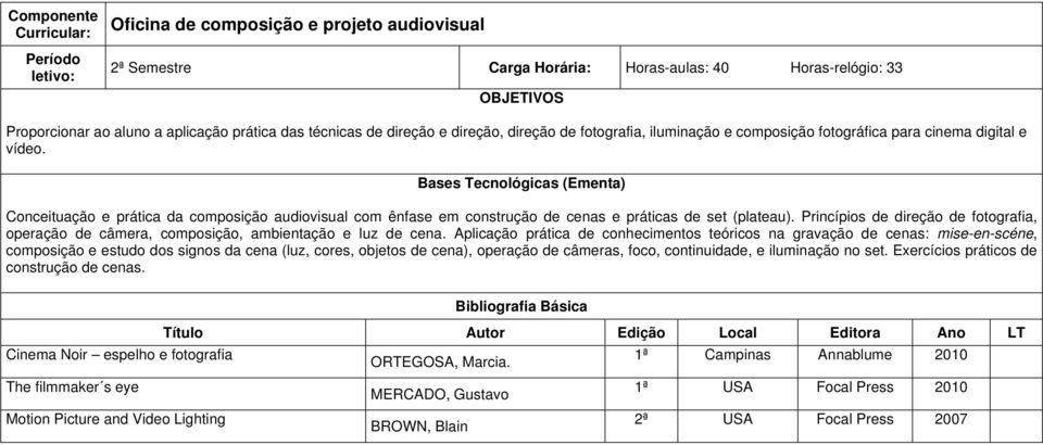 Princípios de direção de fotografia, operação de câmera, composição, ambientação e luz de cena.