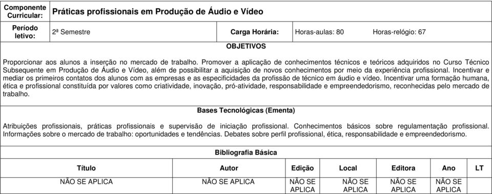 experiência profissional. Incentivar e mediar os primeiros contatos dos alunos com as empresas e as especificidades da profissão de técnico em áudio e vídeo.