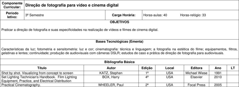 Características da luz; fotometria e sensitometria: luz e cor; cinematografia: técnica e linguagem; a fotografia na estética do filme; equipamentos, filtros, gelatinas e lentes; continuidade;