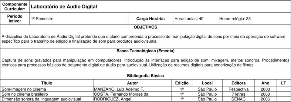 Introdução às interfaces para edição de som, mixagem, efeitos sonoros. Procedimentos técnicos para processos básicos de tratamento digital de áudio para audiovisual.