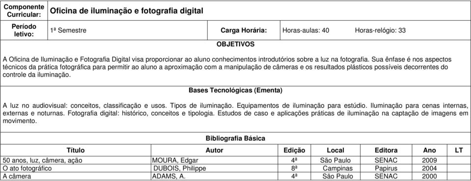 Sua ênfase é nos aspectos técnicos da prática fotográfica para permitir ao aluno a aproximação com a manipulação de câmeras e os resultados plásticos possíveis decorrentes do controle da iluminação.