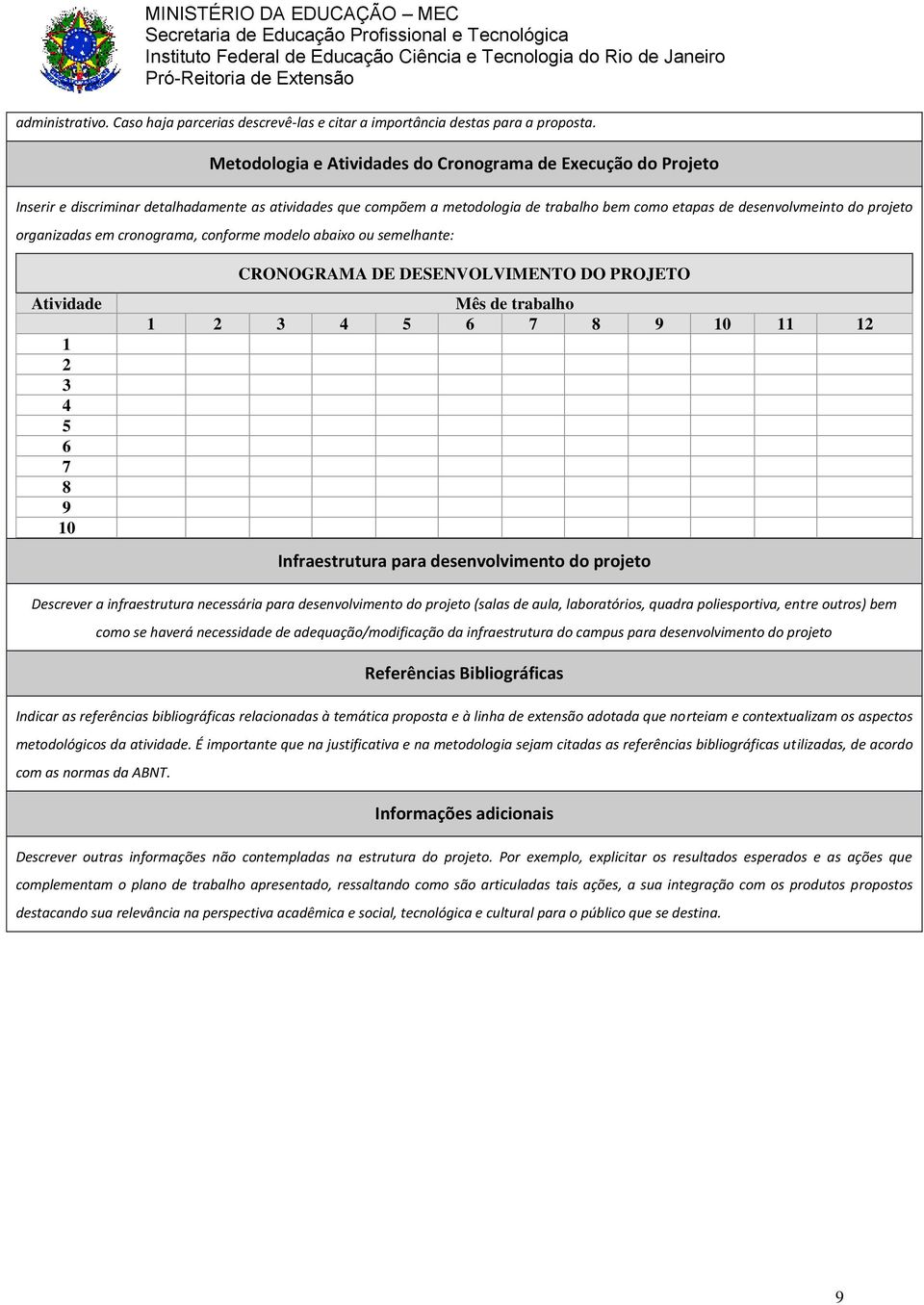 organizadas em cronograma, conforme modelo abaixo ou semelhante: Atividade 1 2 3 4 5 6 7 8 9 10 CRONOGRAMA DE DESENVOLVIMENTO DO PROJETO Mês de trabalho 1 2 3 4 5 6 7 8 9 10 11 12 Infraestrutura para