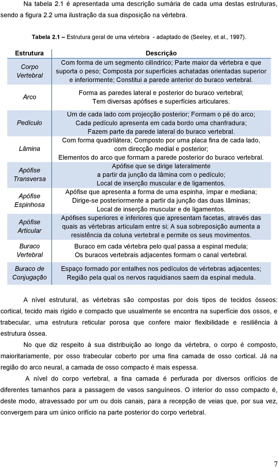 Estrutura Corpo Vertebral Arco Pedículo Lâmina Apófise Transversa Apófise Espinhosa Apófise Articular Buraco Vertebral Buraco de Conjugação Descrição Com forma de um segmento cilíndrico; Parte maior