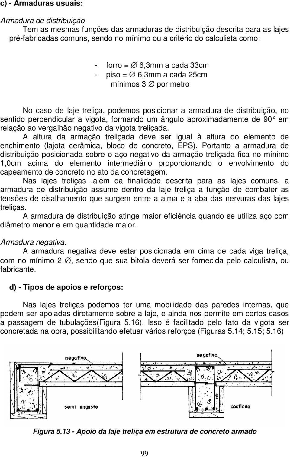 aproximadamente de 90 em relação ao vergalhão negativo da vigota treliçada. A altura da armação treliçada deve ser igual à altura do elemento de enchimento (lajota cerâmica, bloco de concreto, EPS).