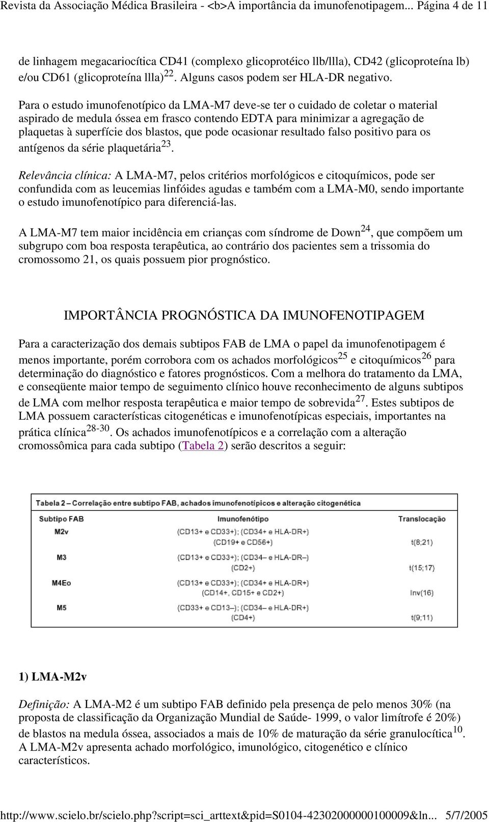 Para o estudo imunofenotípico da LMA-M7 deve-se ter o cuidado de coletar o material aspirado de medula óssea em frasco contendo EDTA para minimizar a agregação de plaquetas à superfície dos blastos,