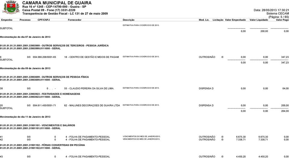 33903699 - OUTROS SERVIÇOS DE PESSOA FÍSICA 01.01.01.01.31.0001.2001.33903699.0111000 - GERAL 38 0/0 0.. - 55 - CLAUDIO PEREIRA DA SILVA DE LIMA. ESTIMATIVA PARA O EXERCICIO DE 2013.