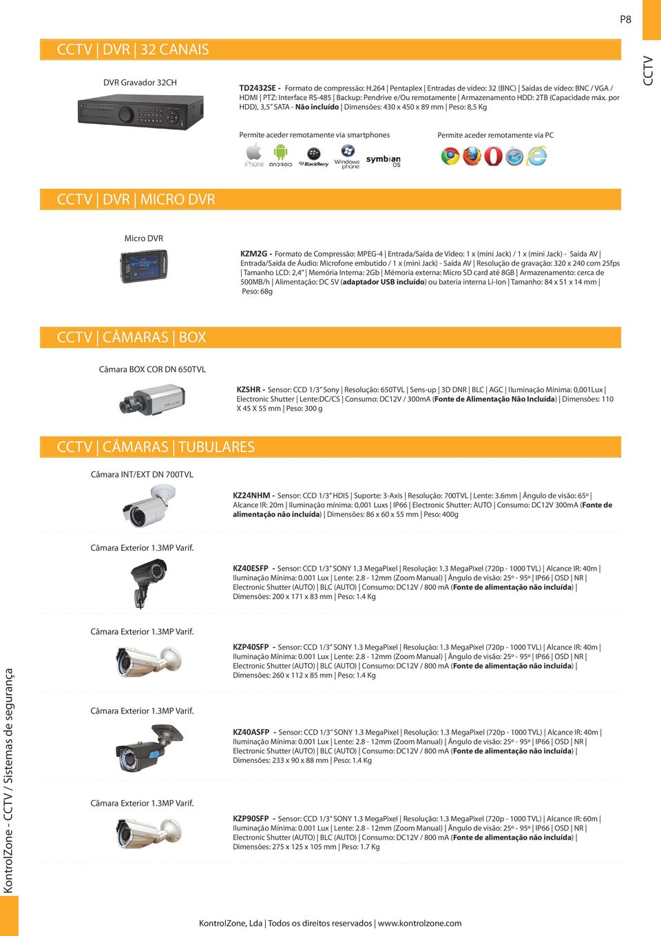 por HDD), 3,5 SATA - Não incluído Dimensões: 430 x 450 x 89 mm Peso: 8,5 Kg CCTV Permite aceder remotamente via smartphones Permite aceder remotamente via PC CCTV DVR MICRO DVR Micro DVR KZM2G -