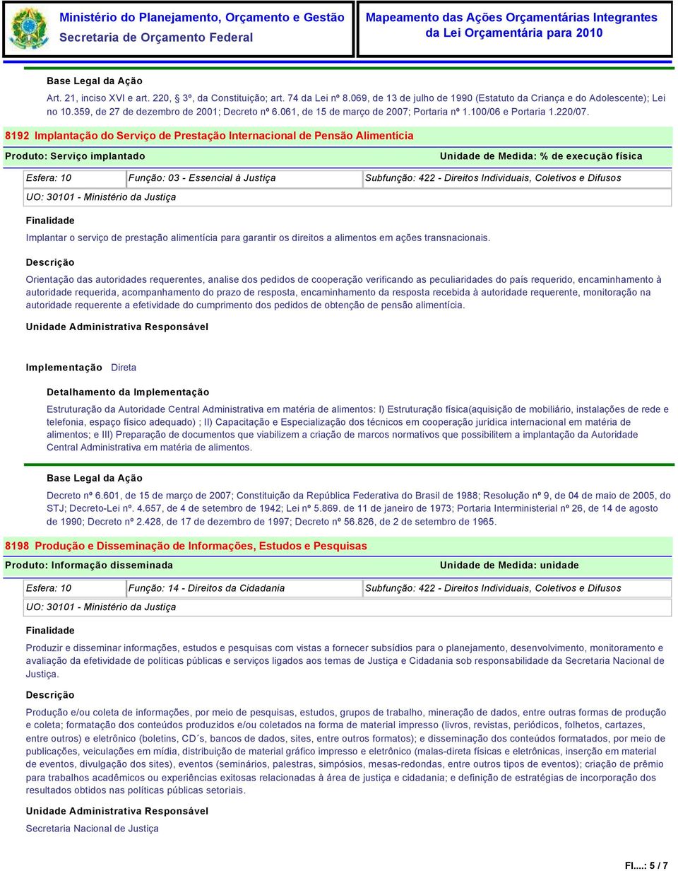 8192 Implantação do Serviço de Prestação Internacional de Pensão Alimentícia Produto: Serviço implantado Unidade de Medida: % de execução física Esfera: 10 Função: 03 - Essencial à Justiça Subfunção: