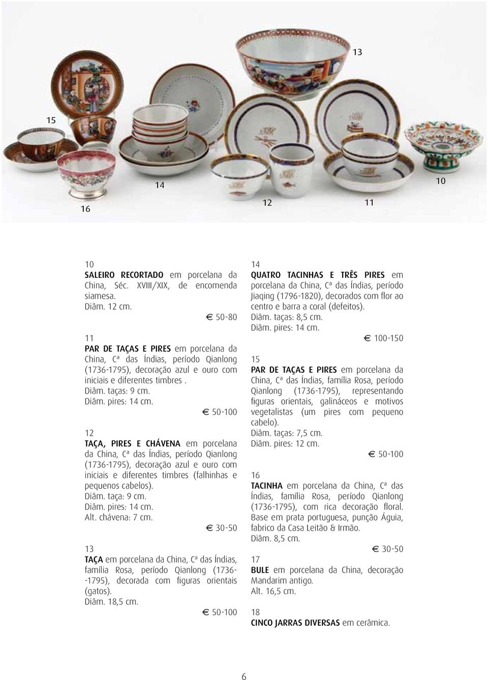 50-100 12 TAÇA, PIRES E CHÁVENA em porcelana da China, Cª das Índias, período Qianlong (1736-1795), decoração azul e ouro com iniciais e diferentes timbres (falhinhas e pequenos cabelos). Diâm.