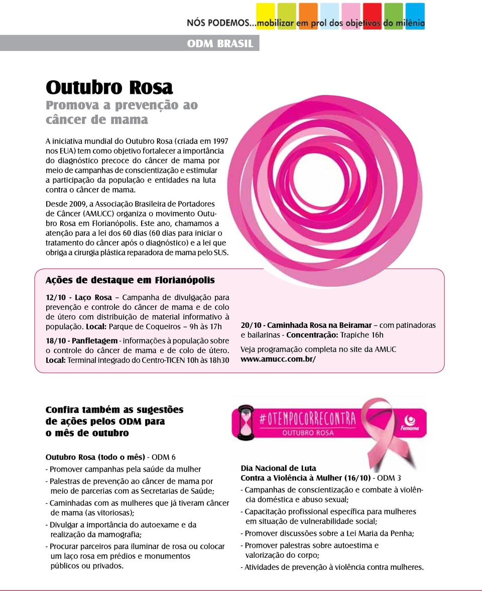 Desde 2009, a Associação Brasileira de Portadores de Câncer (AMUCC) organiza o movimento Outubro Rosa em Florianópolis.