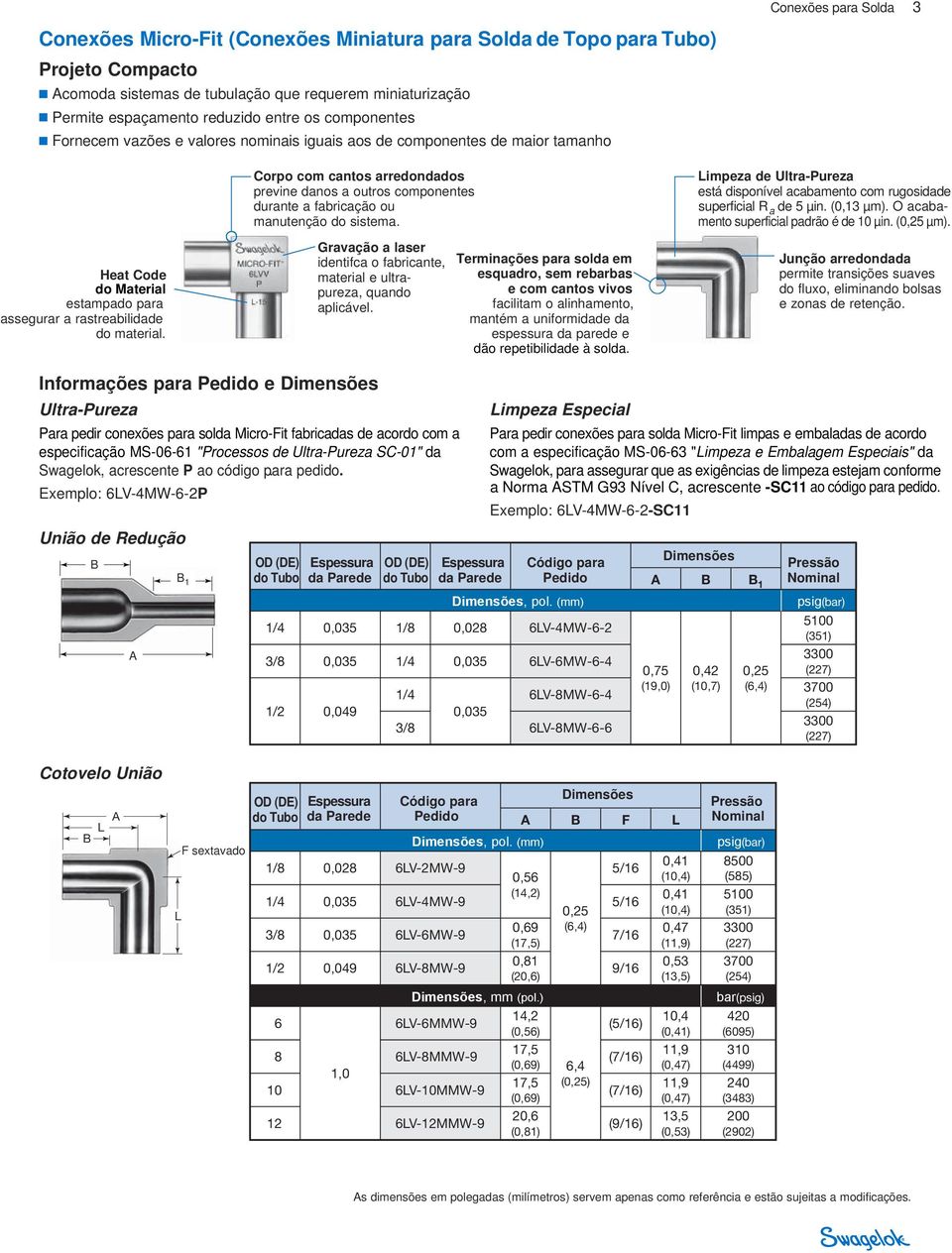 coneões para solda Micro-Fit limpas e embaladas de acordo especificação MS-0-1 "Processos de Ultra-Pureza SC-01" da com a especificação MS-0-3 "impeza e Embalagem Especiais" da Swagelok, acrescente P