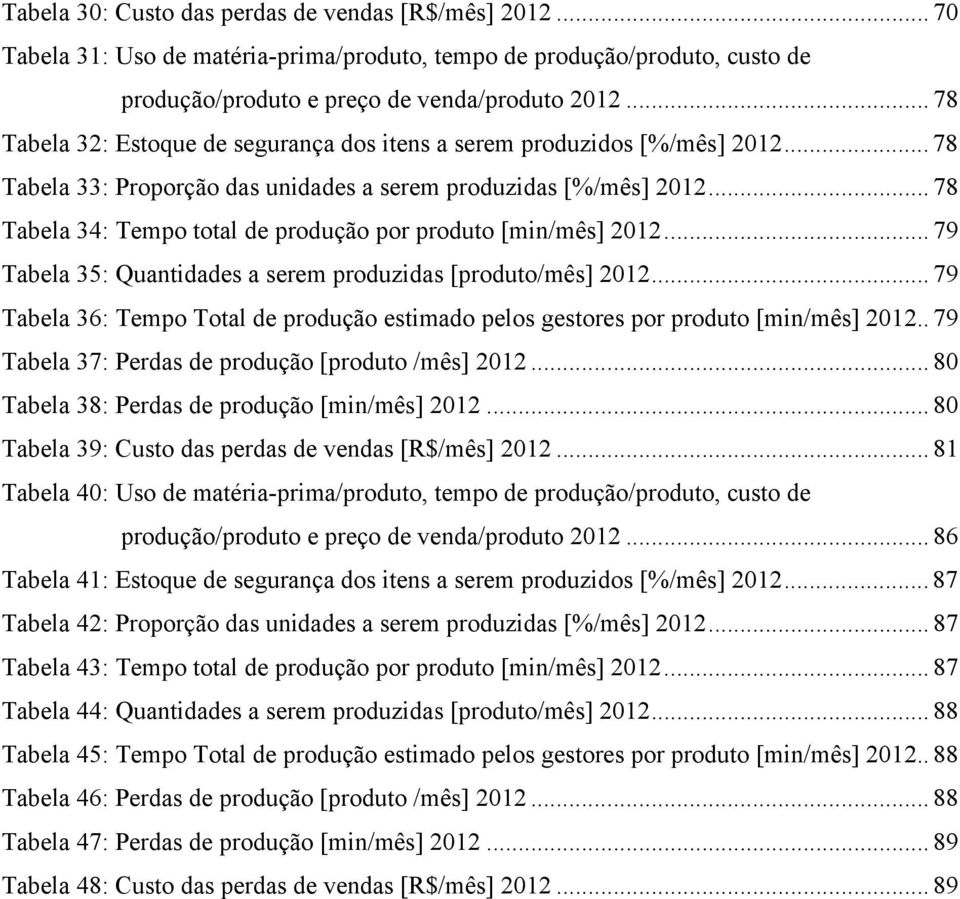 .. 78 Tabela 34: Tempo total de produção por produto [min/mês] 2012... 79 Tabela 35: Quantidades a serem produzidas [produto/mês] 2012.