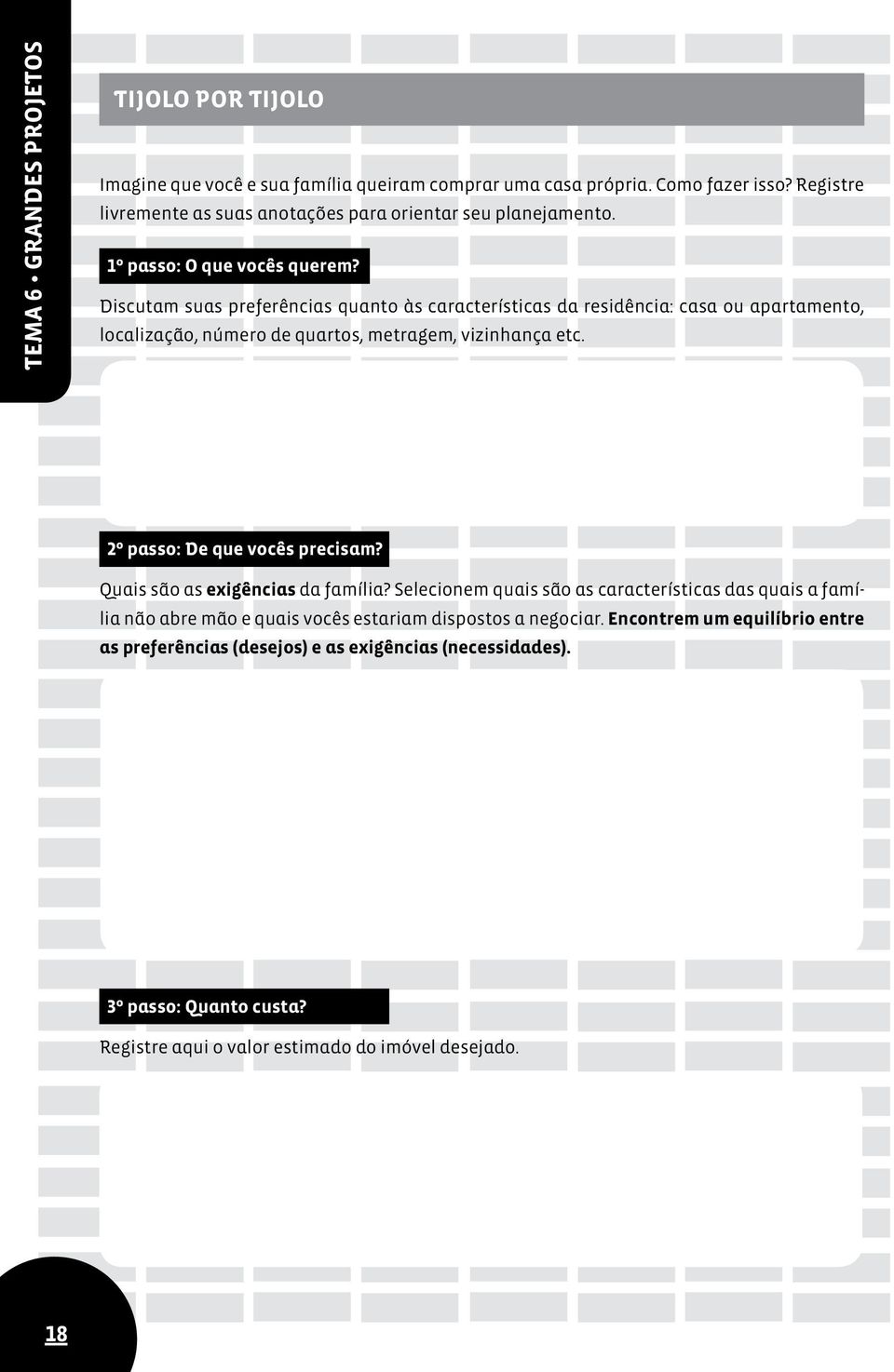 Discutam suas preferências quanto às características da residência: casa ou apartamento, localização, número de quartos, metragem, vizinhança etc. 2º passo: De que vocês precisam?