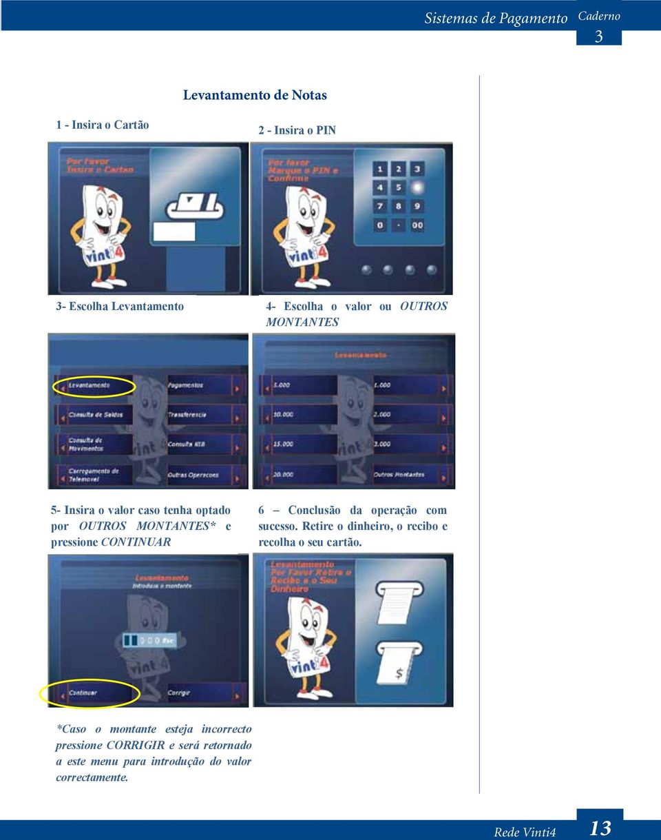 CONTINUAR 6 Conclusão da operação com sucesso. retire o dinheiro, o recibo e recolha o seu cartão.
