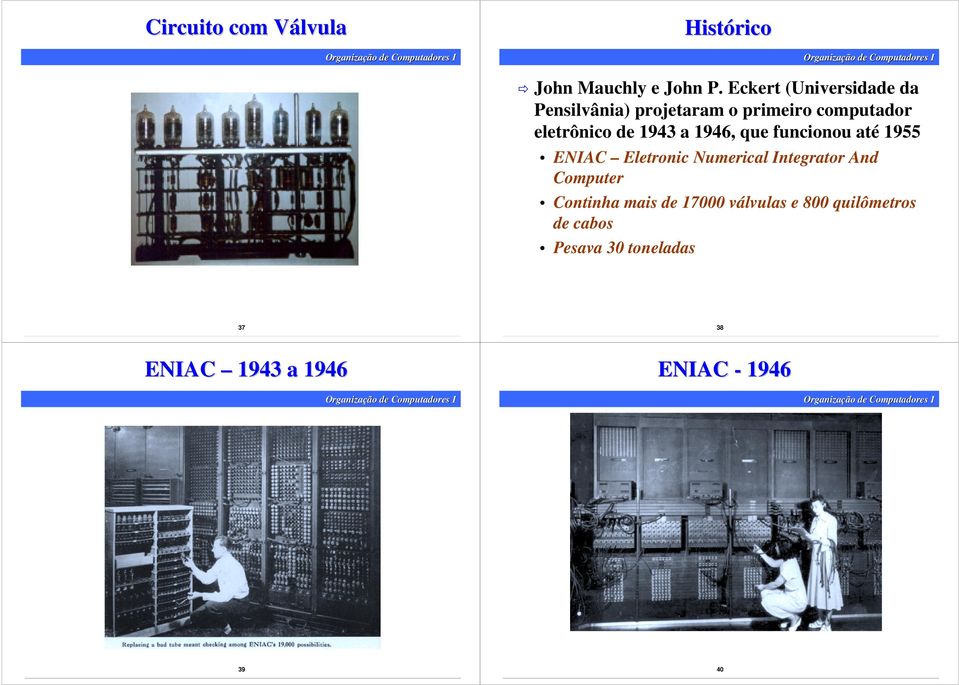 1943 a 1946, que funcionou até 1955 ENIAC Eletronic Numerical Integrator And Computer