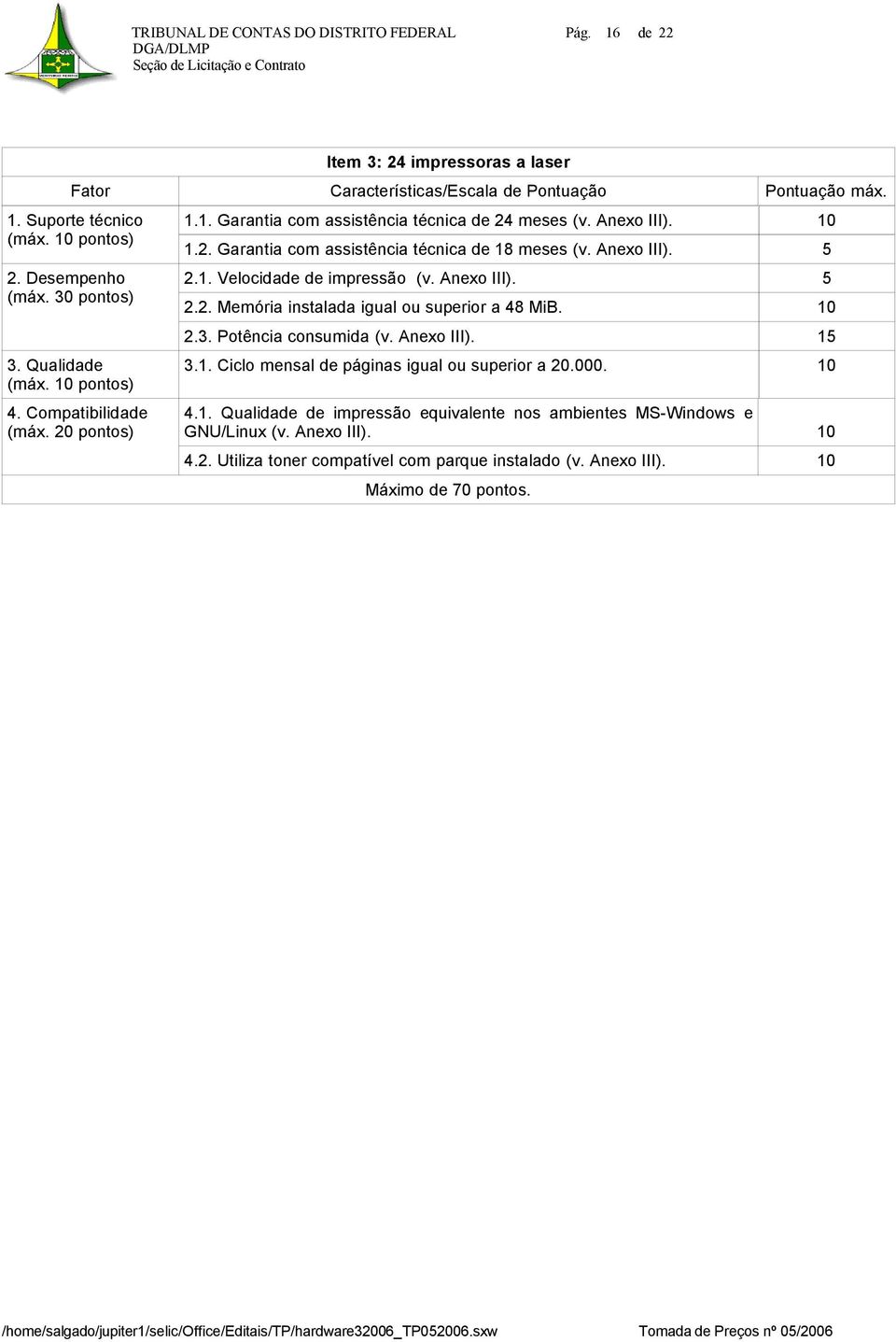 Anexo III). 5 2.1. Velocidade de impressão (v. Anexo III). 5 2.2. Memória instalada igual ou superior a 48 MiB. 10 2.3. Potência consumida (v. Anexo III). 15 3.1. Ciclo mensal de páginas igual ou superior a 20.