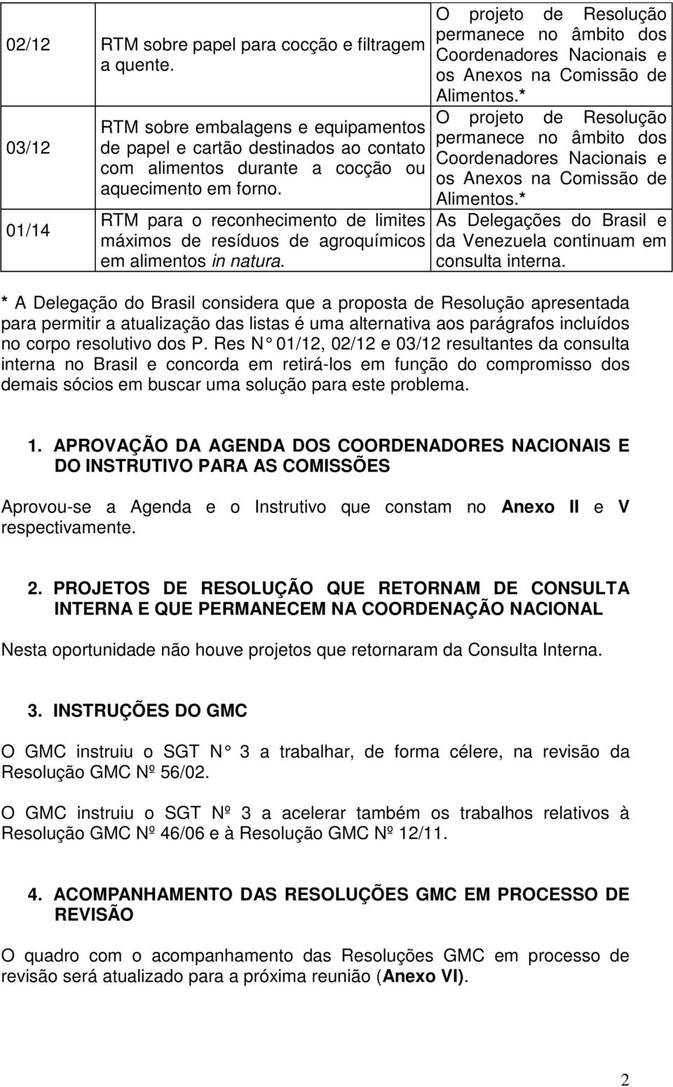 O projeto de Resolução permanece no âmbito dos Coordenadores Nacionais e os Anexos na Comissão de Alimentos.