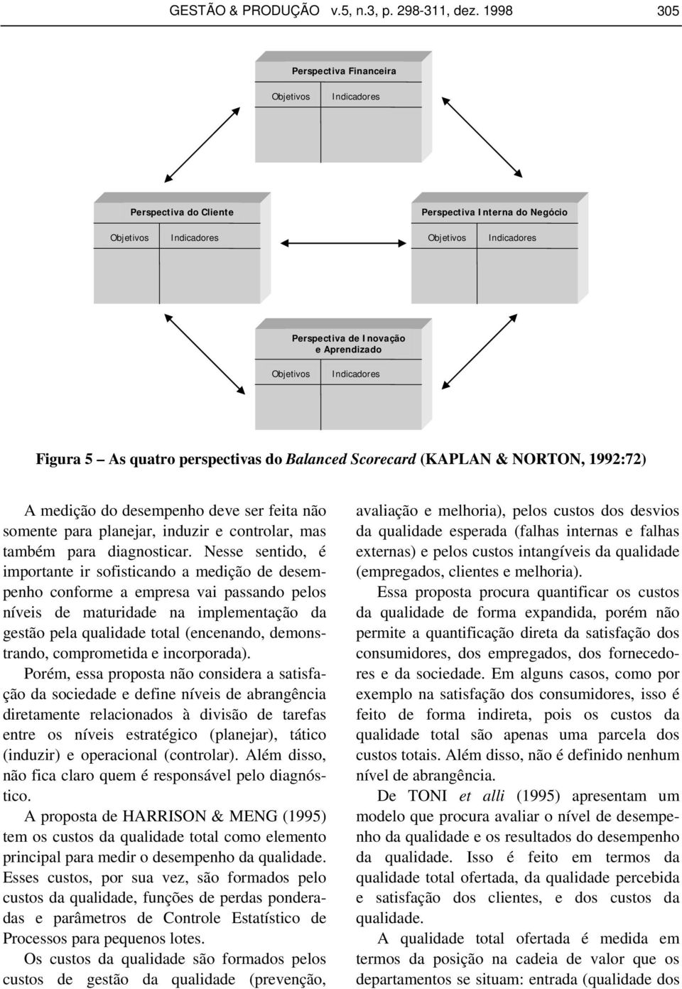 Indicadores Figura 5 As quatro perspectivas do Balanced Scorecard (KAPLAN & NORTON, 1992:72) A medição do desempenho deve ser feita não somente para planejar, induzir e controlar, mas também para