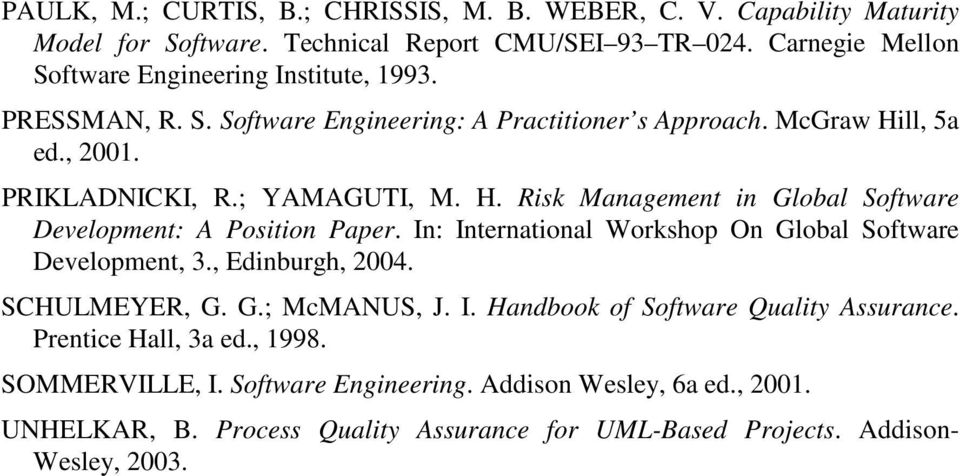 H. Risk Management in Global Software Development: A Position Paper. In: International Workshop On Global Software Development, 3., Edinburgh, 2004. SCHULMEYER, G. G.; McMANUS, J.