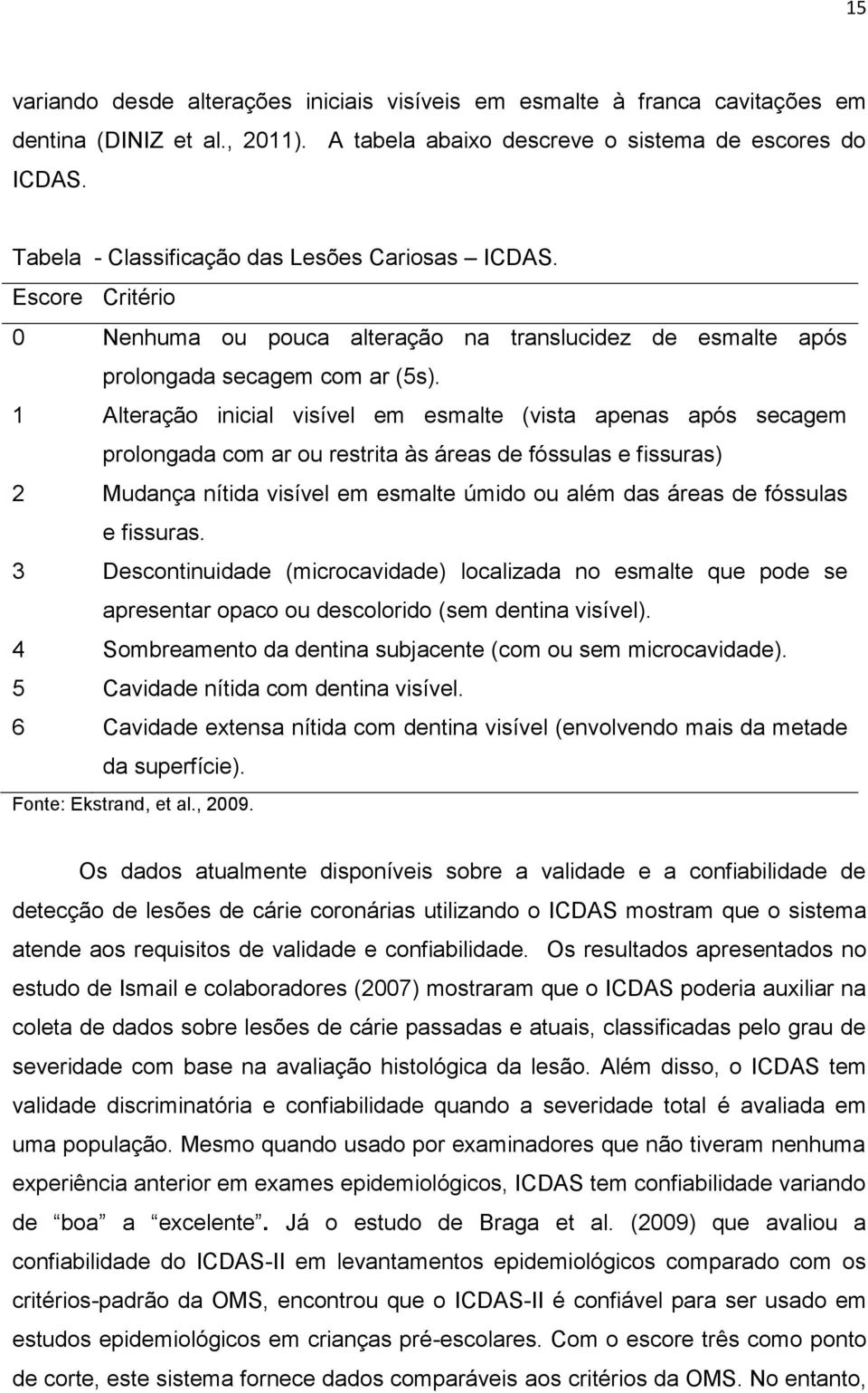 1 Alteração inicial visível em esmalte (vista apenas após secagem prolongada com ar ou restrita às áreas de fóssulas e fissuras) 2 Mudança nítida visível em esmalte úmido ou além das áreas de