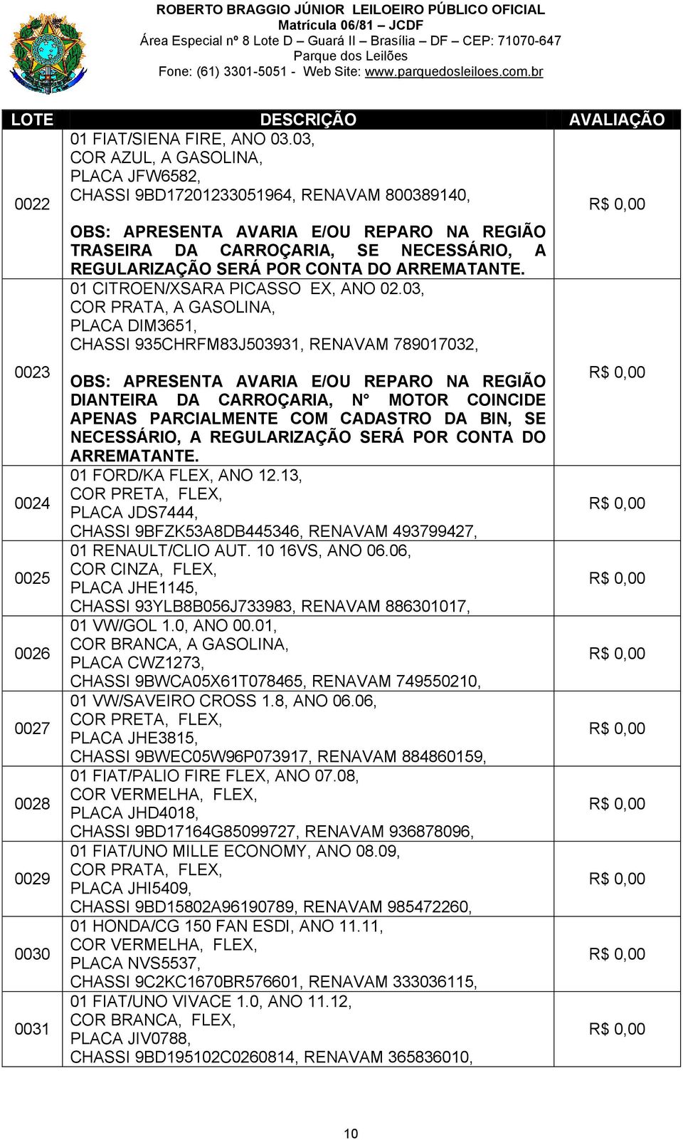 SE NECESSÁRIO, A REGULARIZAÇÃO SERÁ POR CONTA DO ARREMATANTE. 01 CITROEN/XSARA PICASSO EX, ANO 02.