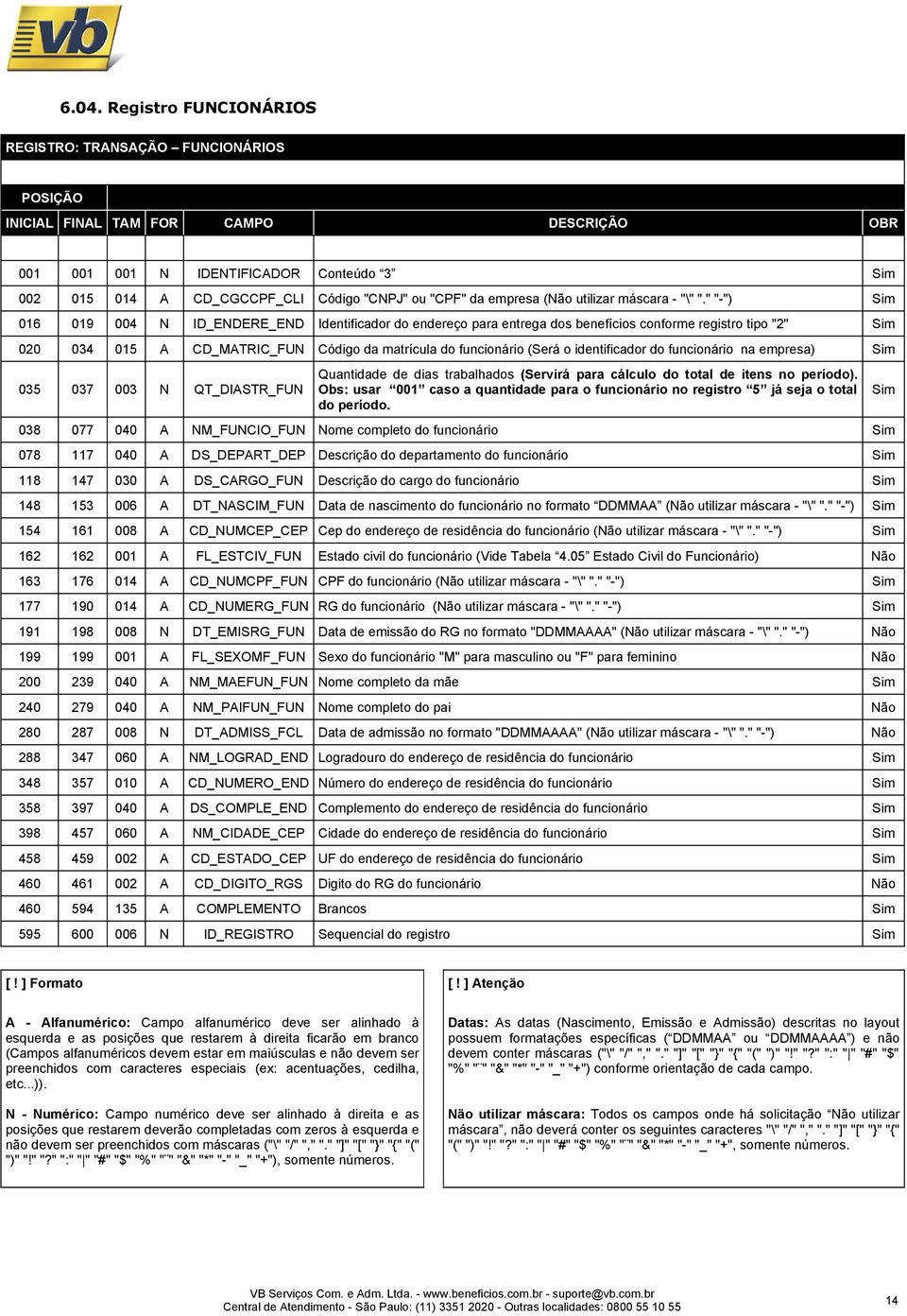 " "-") Sim 016 019 004 N ID_ENDERE_END Identificador do endereço para entrega dos benefícios conforme registro tipo "2" Sim 020 034 015 A CD_MATRIC_FUN Código da matrícula do funcionário (Será o